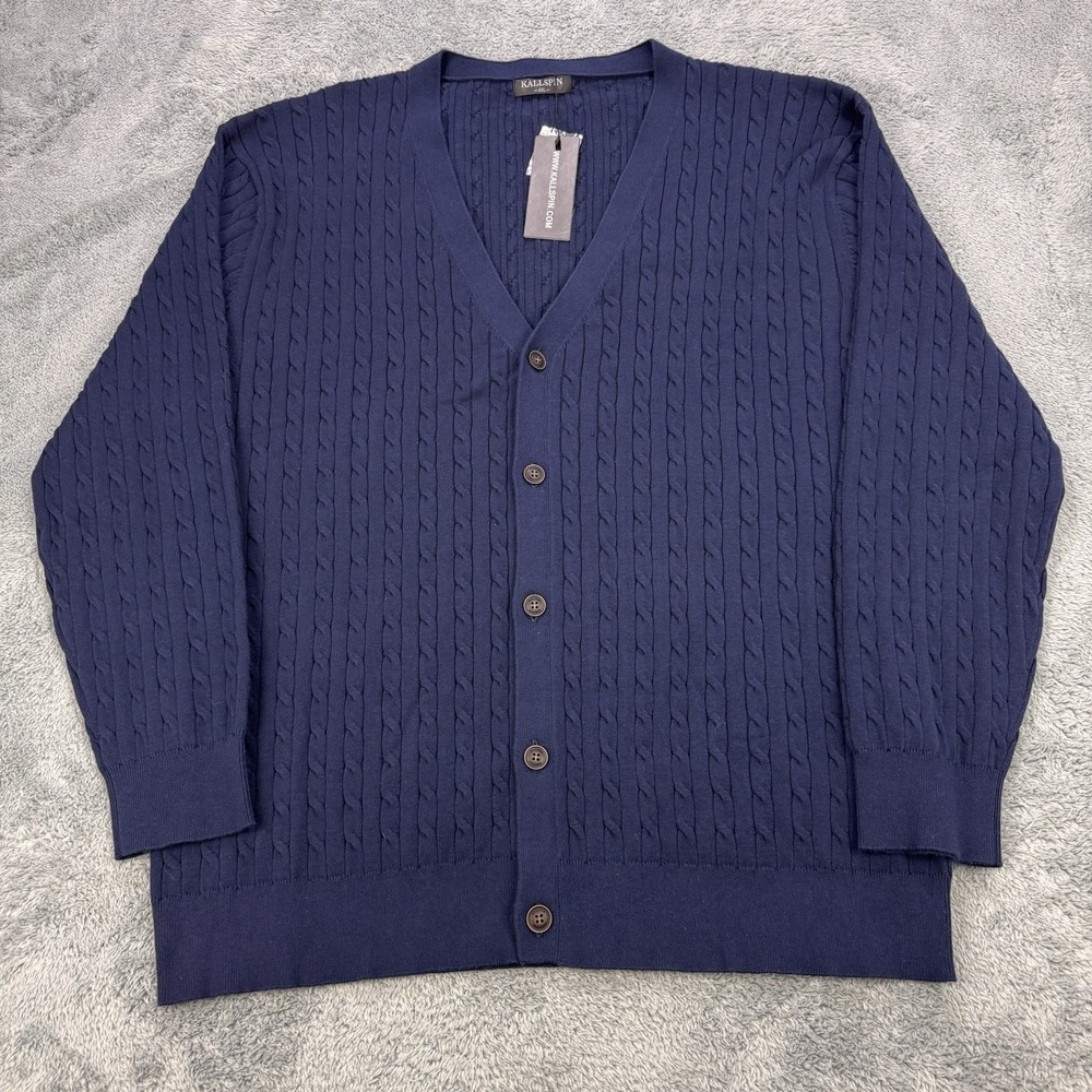 Kallspin Cardigan Sweater Men 4XL Navy Long Sleeve Fisherman Cable Knit